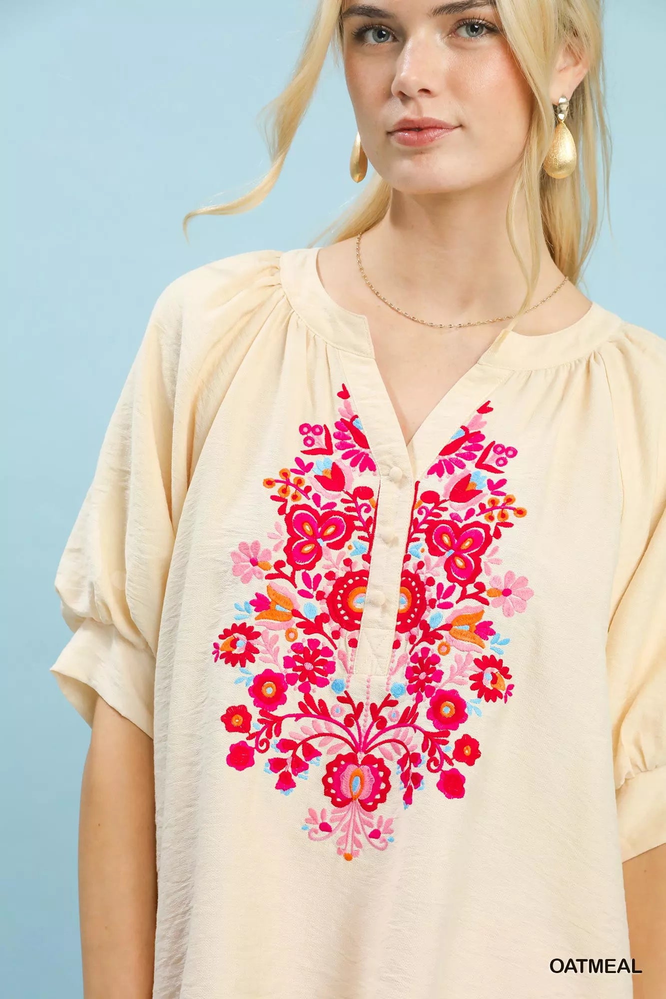 Oatmeal Embroidered Puff Sleeve Blouse by Umgee Close View