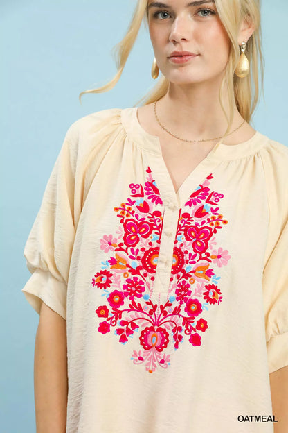 Oatmeal Embroidered Puff Sleeve Blouse by Umgee Close View