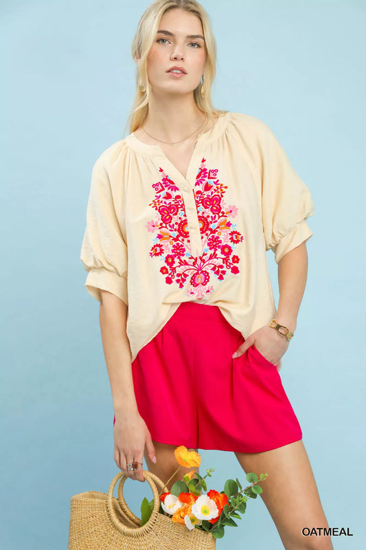 Oatmeal Embroidered Puff Sleeve Blouse by Umgee Front View