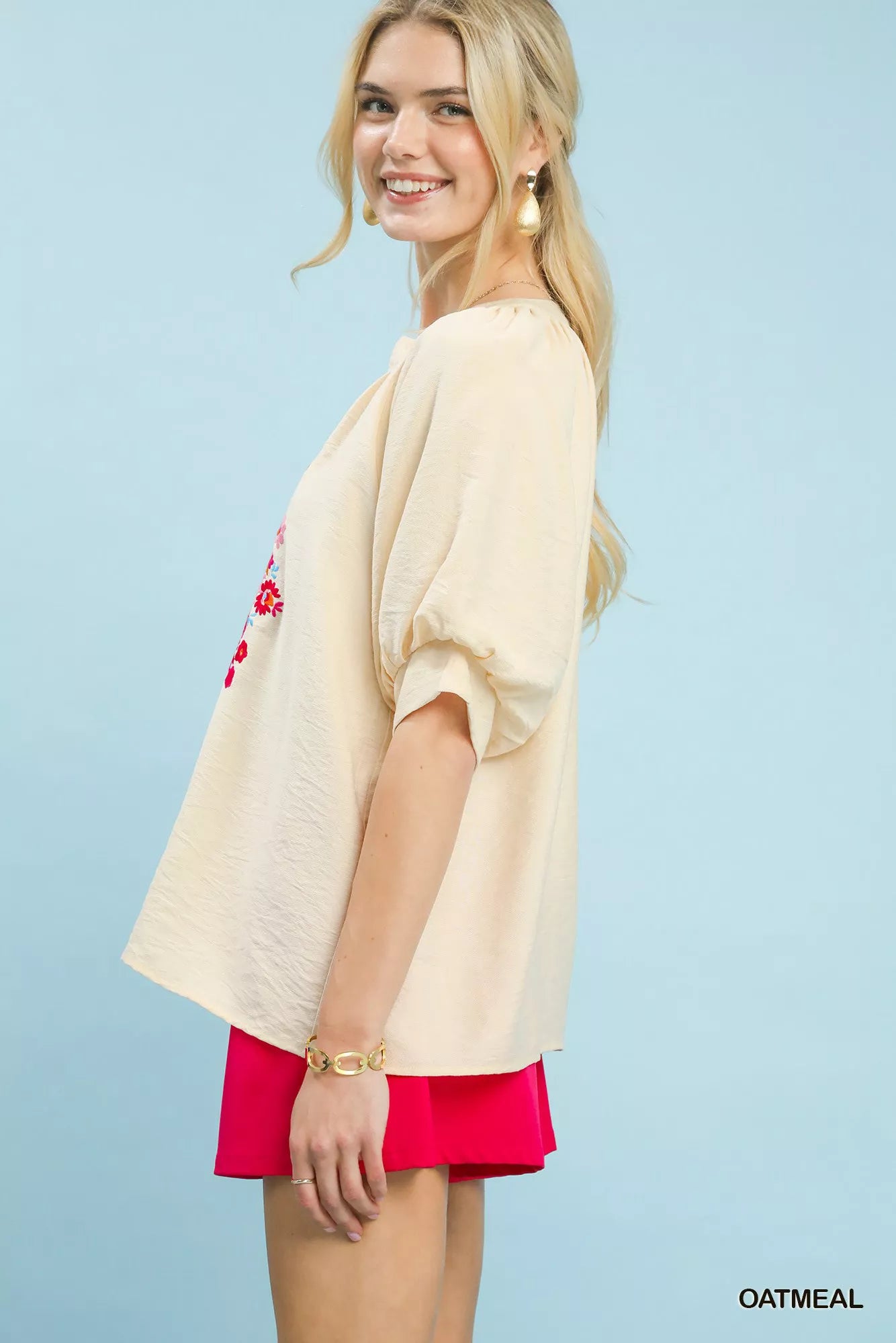 Oatmeal Embroidered Puff Sleeve Blouse by Umgee Side View