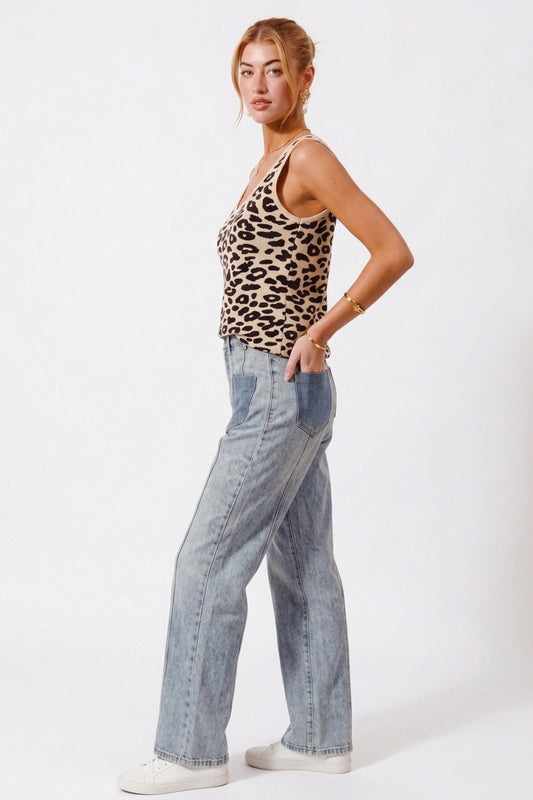 Oatmeal Leopard Knitted Lightweight V Neck Tank Top by So Me Side View