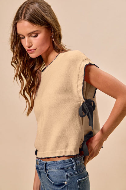Oatmeal Lightweight Sweater Dolman Side Black Ribbon Tie Top by So Me Side View