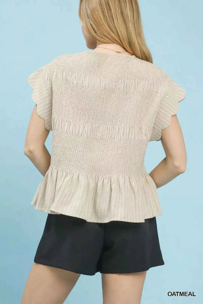 Oatmeal Pinstripe Linen Blend Smocked Peplum Top by Umgee Back View
