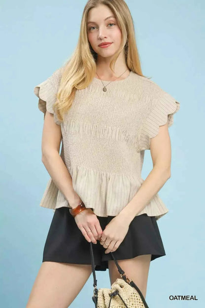 Oatmeal Pinstripe Linen Blend Smocked Peplum Top by Umgee Front view