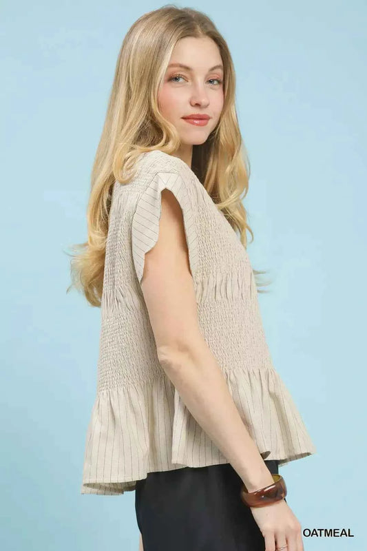 Oatmeal Pinstripe Linen Blend Smocked Peplum Top by Umgee Side View