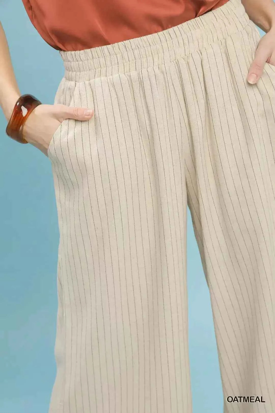 Oatmeal Pinstripe Linen Blend Wide Leg Pants with Pockets by Umgee Close View