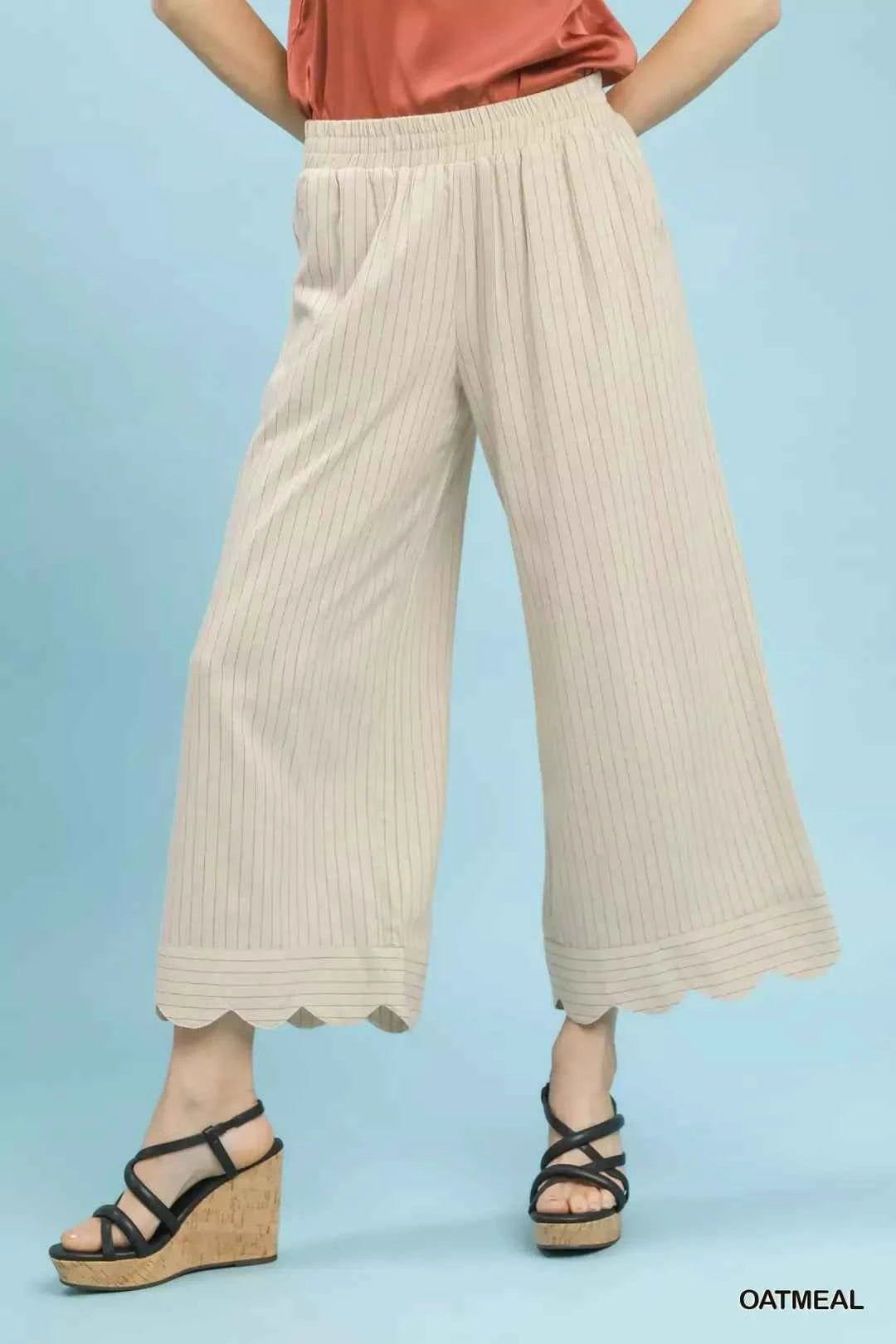 Oatmeal Pinstripe Linen Blend Wide Leg Pants with Pockets by Umgee Front View