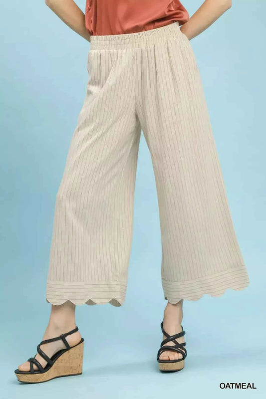 Oatmeal Pinstripe Linen Blend Wide Leg Pants with Pockets by Umgee Front View