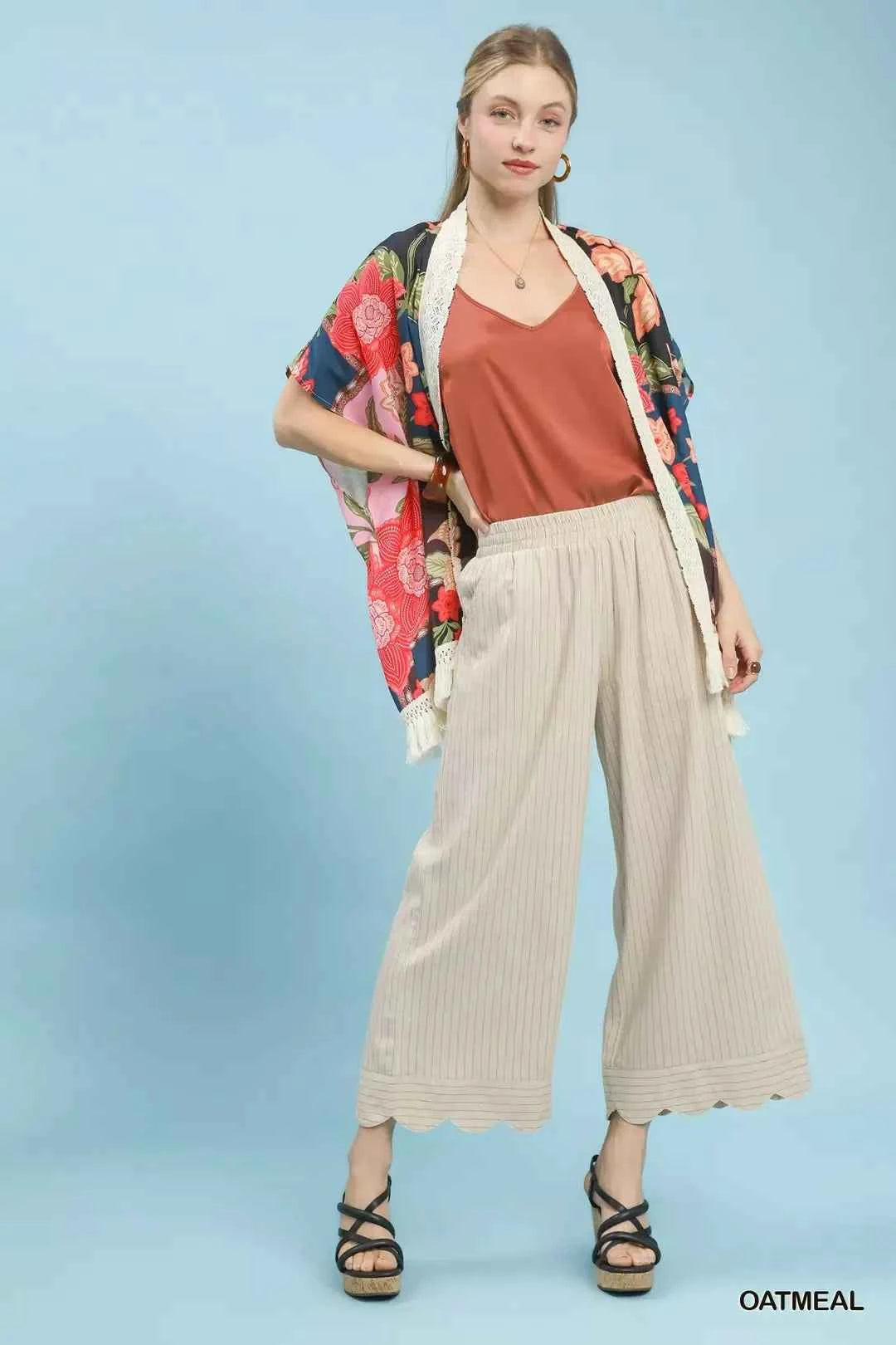 Oatmeal Pinstripe Linen Blend Wide Leg Pants with Pockets by Umgee Full View
