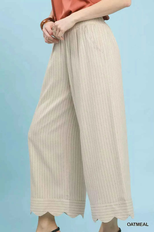 Oatmeal Pinstripe Linen Blend Wide Leg Pants with Pockets by Umgee Side View