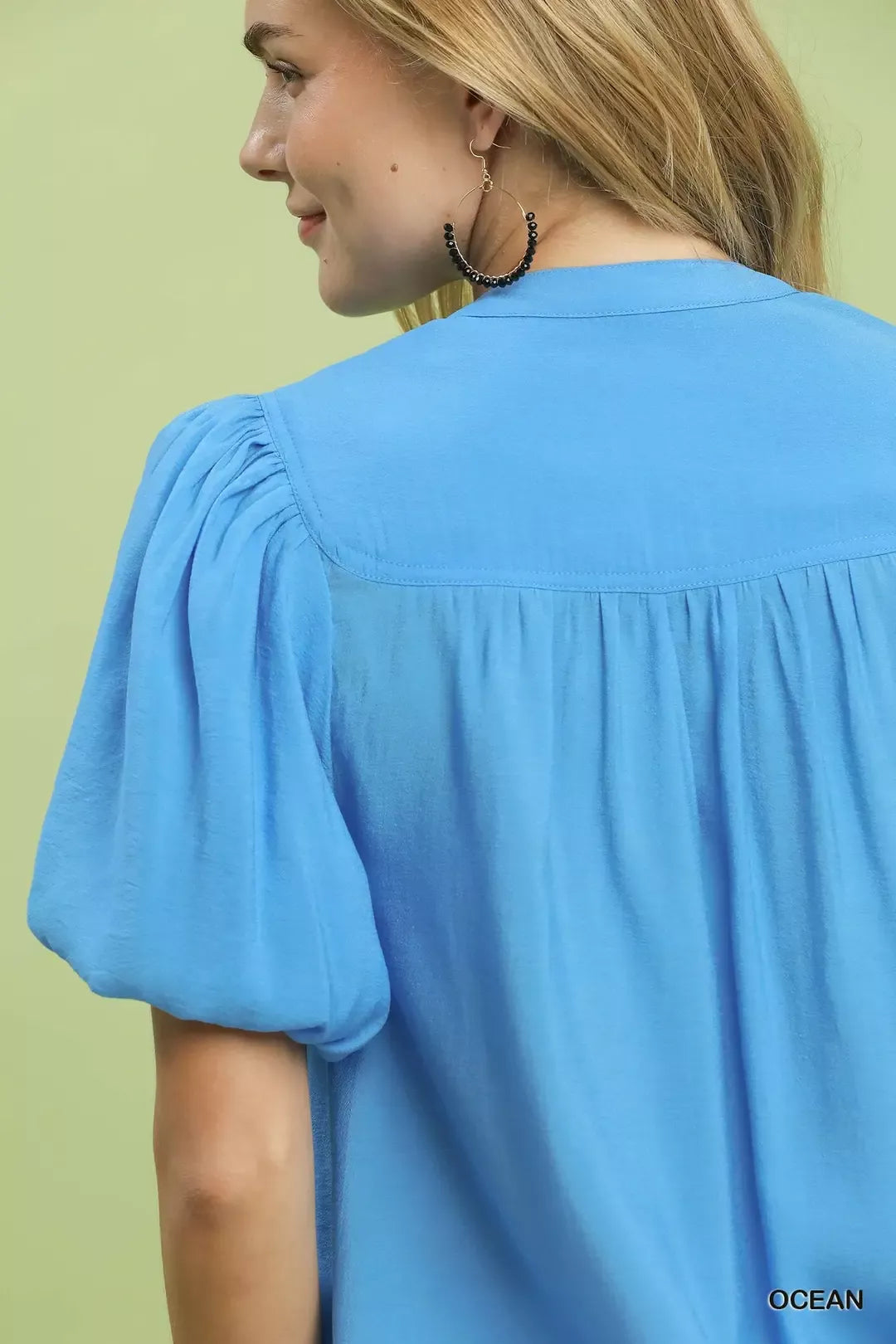 Ocean Blue Button-Down Puff Sleeve Shirt by Umgee Close View
