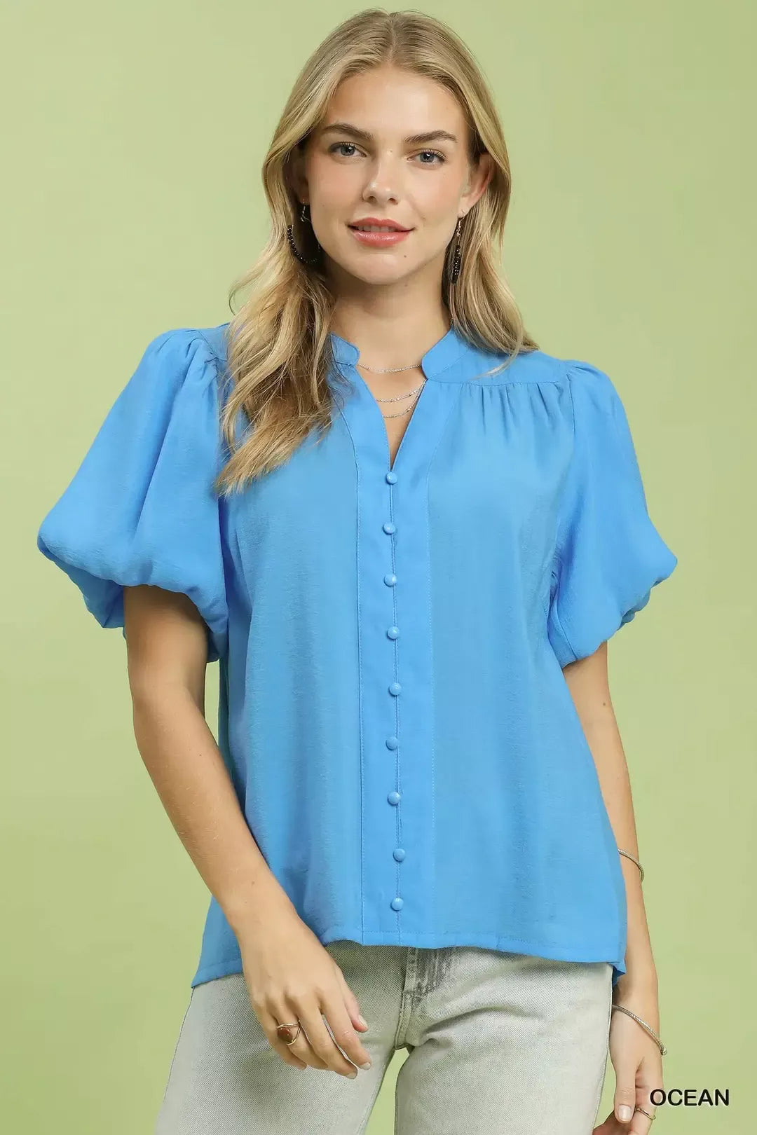 Ocean Blue Button-Down Puff Sleeve Shirt by Umgee Front View