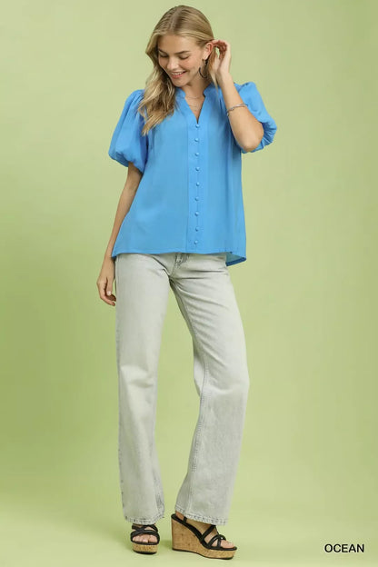Ocean Blue Button-Down Puff Sleeve Shirt by Umgee Full View
