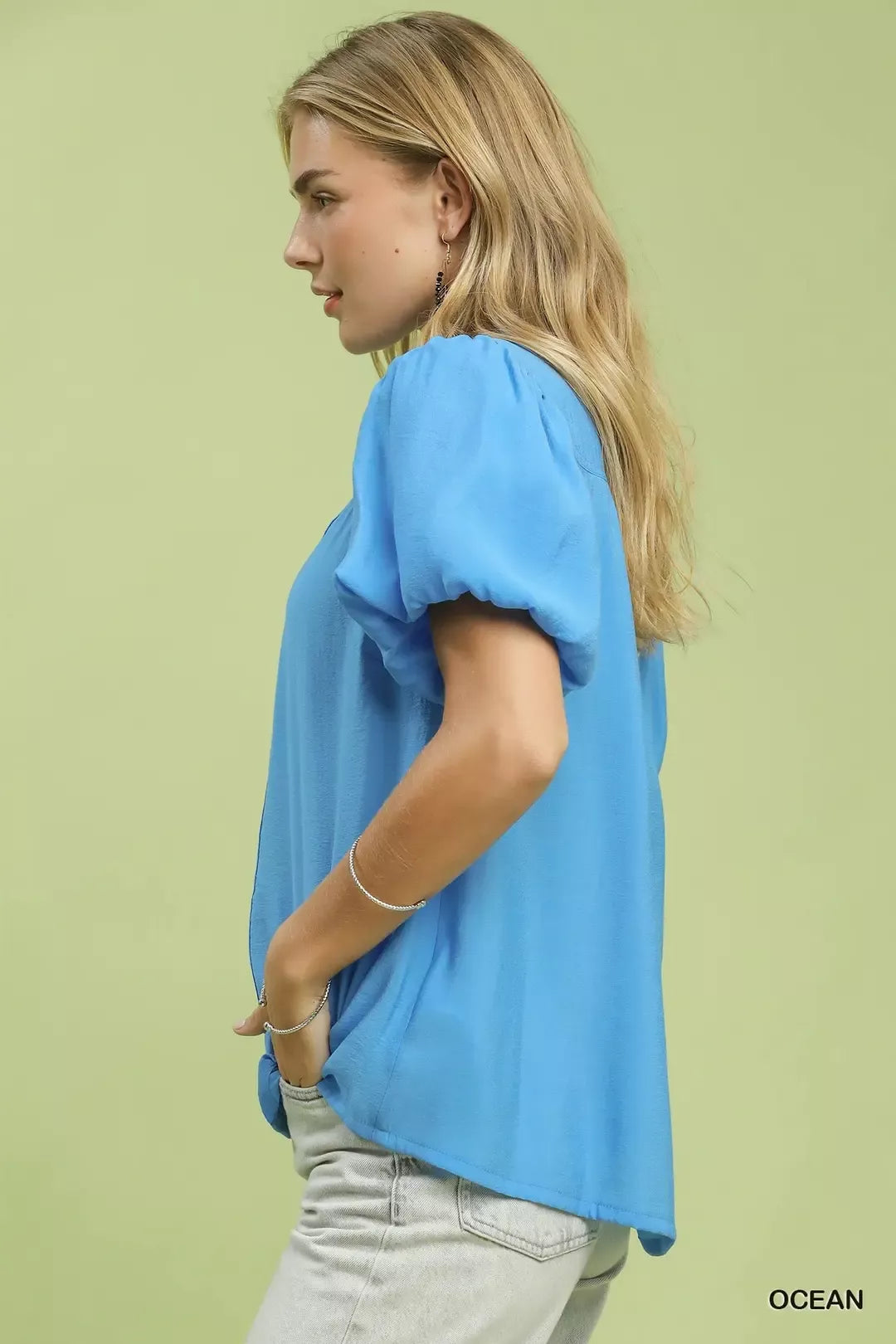 Ocean Blue Button-Down Puff Sleeve Shirt by Umgee Side View
