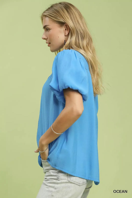 Ocean Blue Button-Down Puff Sleeve Shirt by Umgee Side View