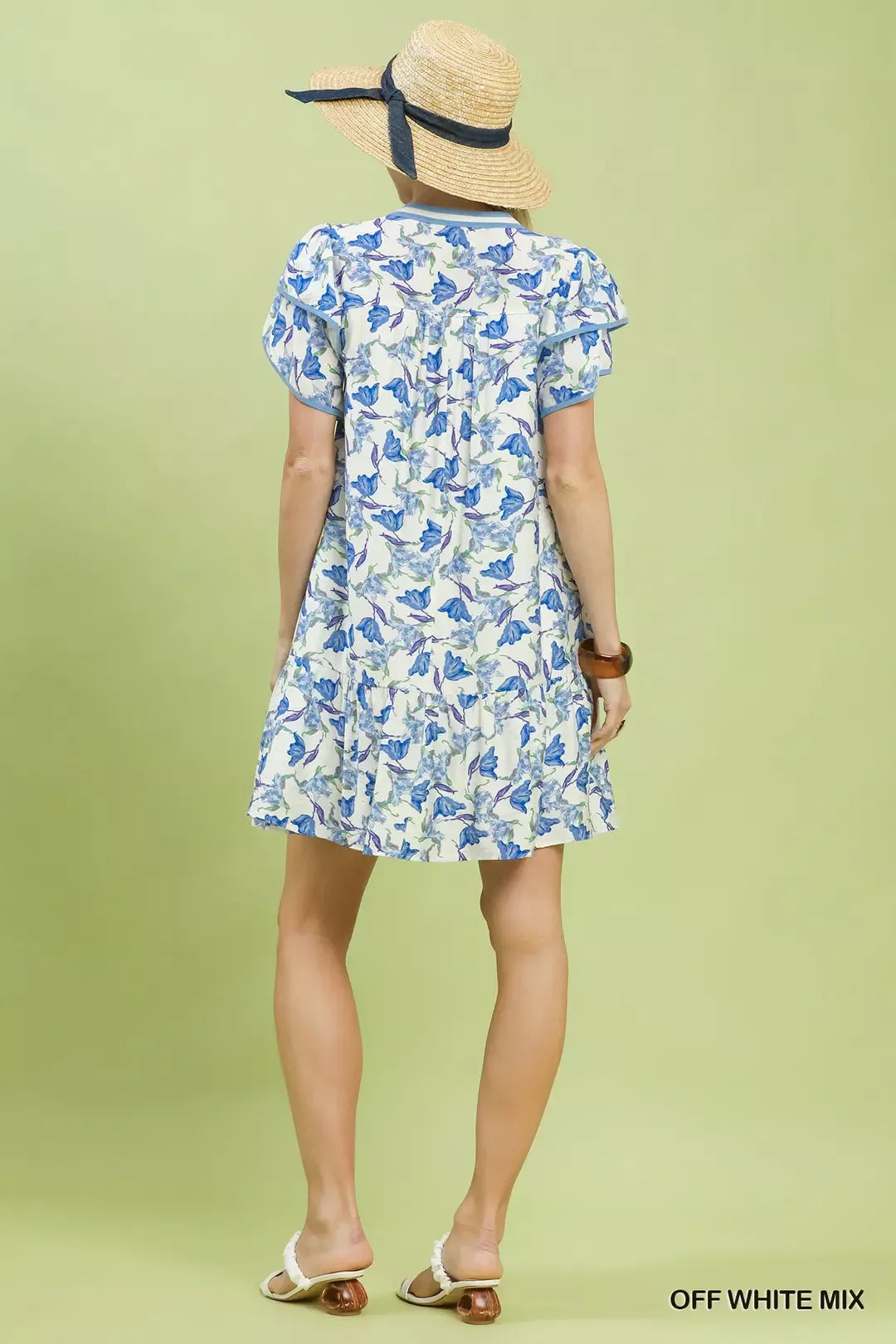 Off White Blue Floral Flutter Sleeve Tiered Dress by Umgee Back View