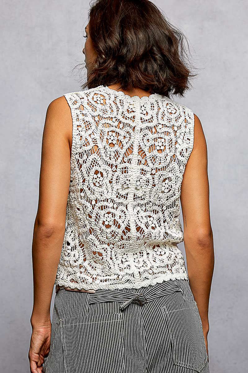 Off White Button Down Cropped Crochet Vest with Scalloped Edge by POL Back View