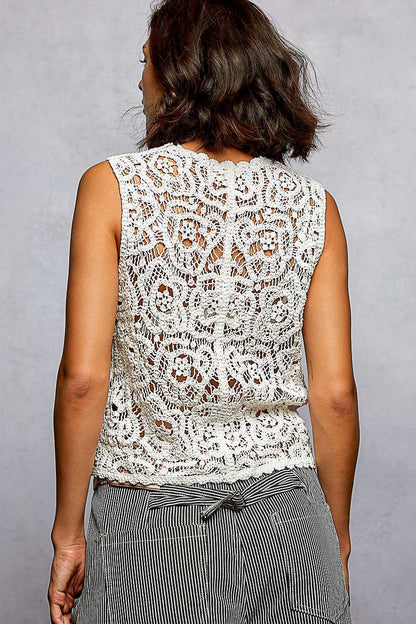 Off White Button Down Cropped Crochet Vest with Scalloped Edge by POL Back View
