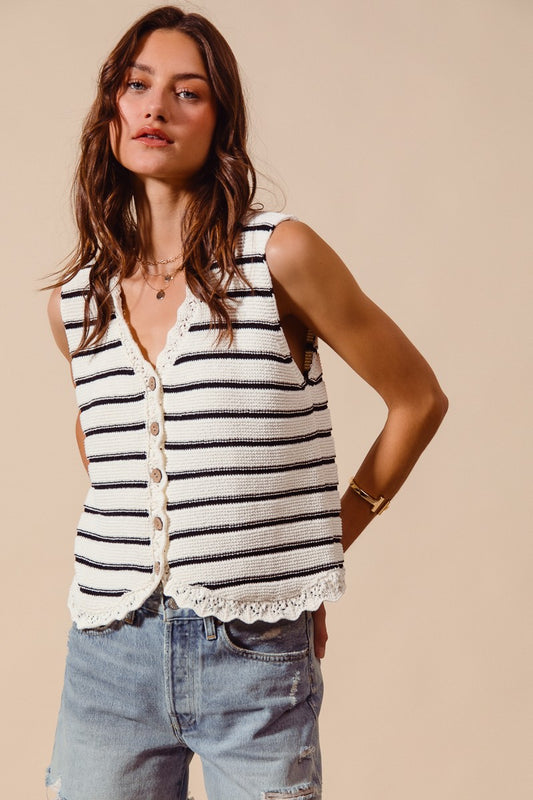 Off White Button Front Black Stripe Texture Knit Sweater Vest by So Me Front View