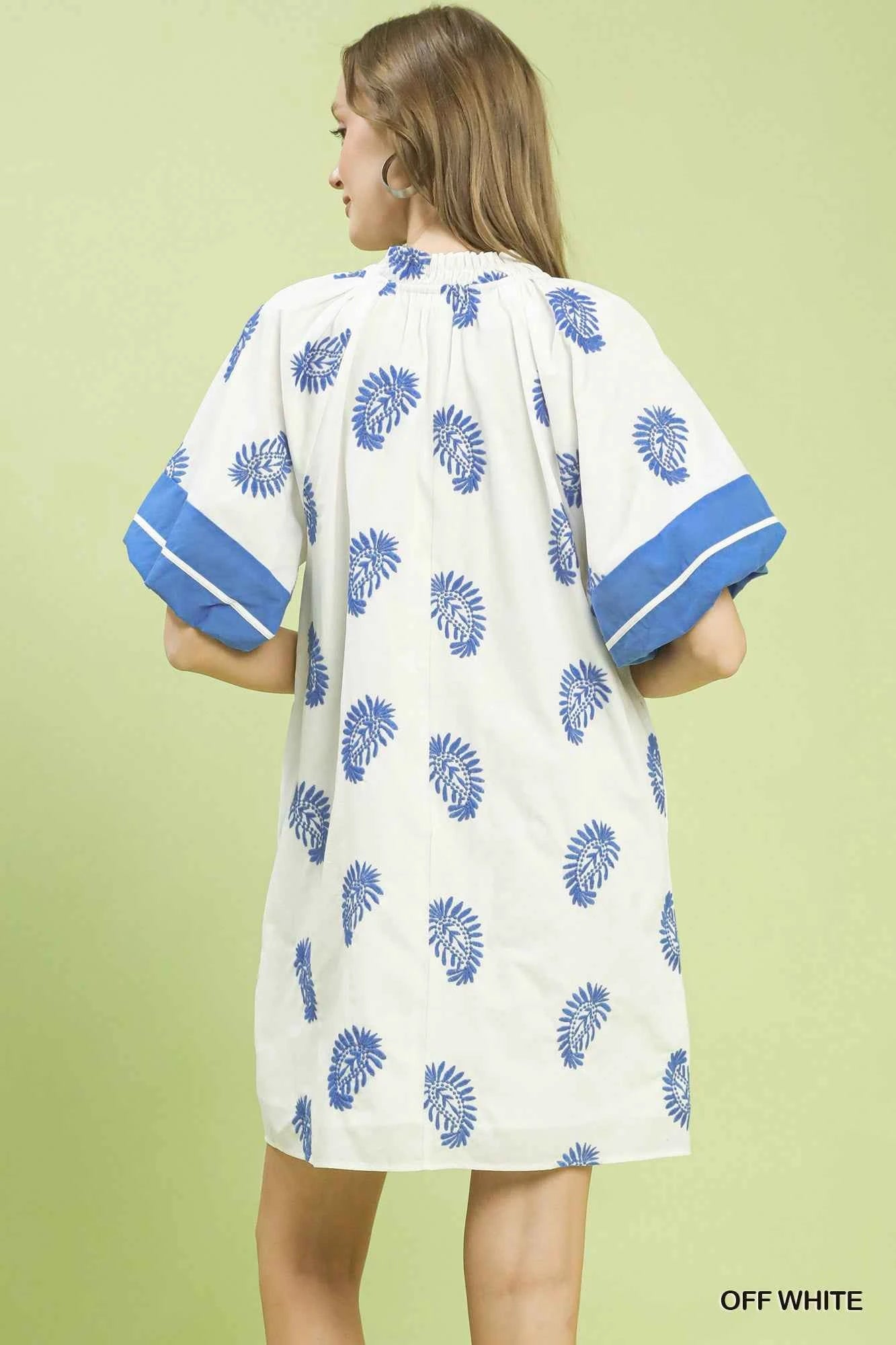 Off White Paisley Embroidered Boho Mini Dress w/ Pockets by Umgee