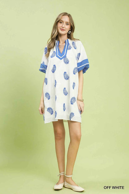 Off White Paisley Embroidered Boho Mini Dress w/ Pockets by Umgee