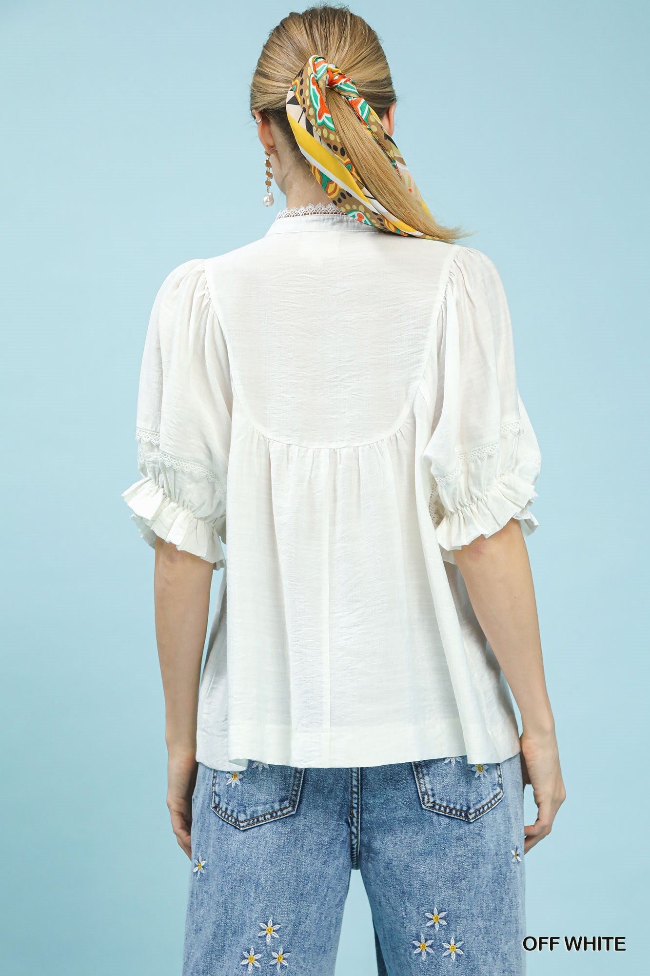 Off White Smocked Yoke Blouse with Ruffle Sleeves by Umgee Back View