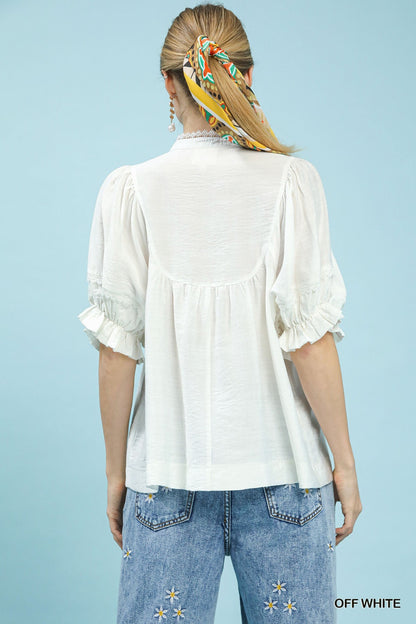 Off White Smocked Yoke Blouse with Ruffle Sleeves by Umgee Back View