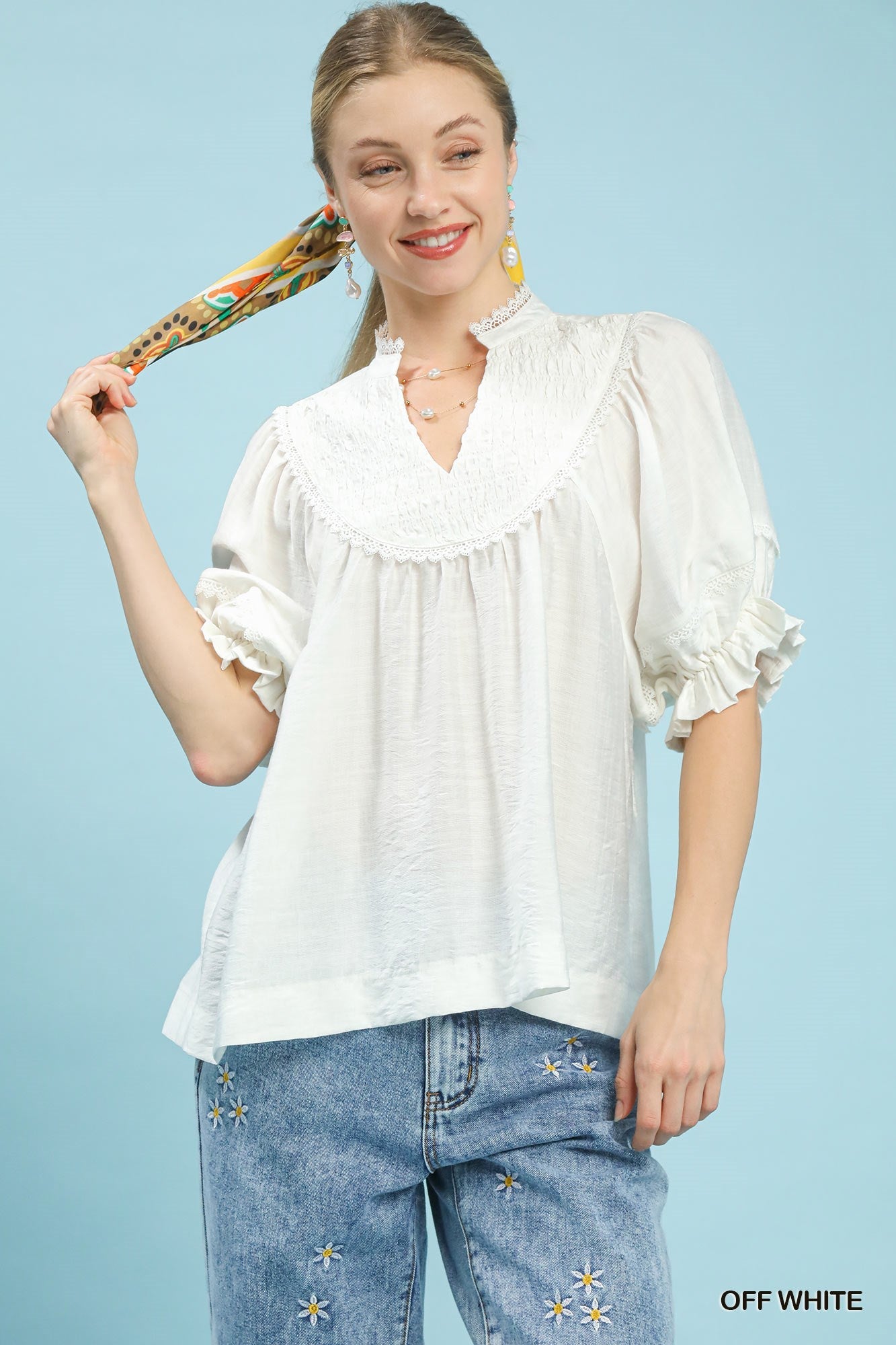 Off White Smocked Yoke Blouse with Ruffle Sleeves by Umgee Front View