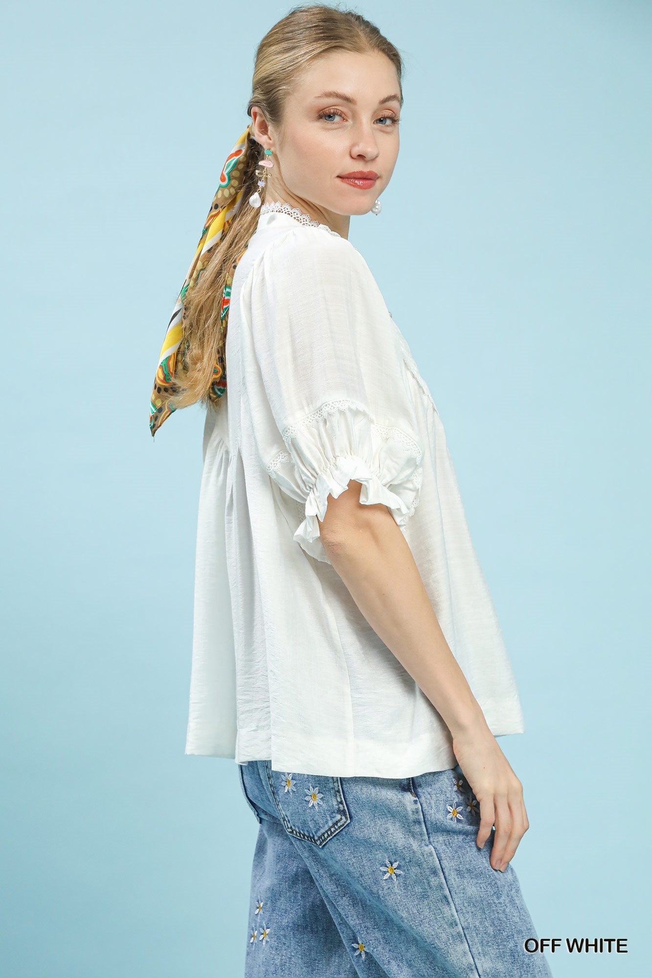 Off White Smocked Yoke Blouse with Ruffle Sleeves by Umgee Side View