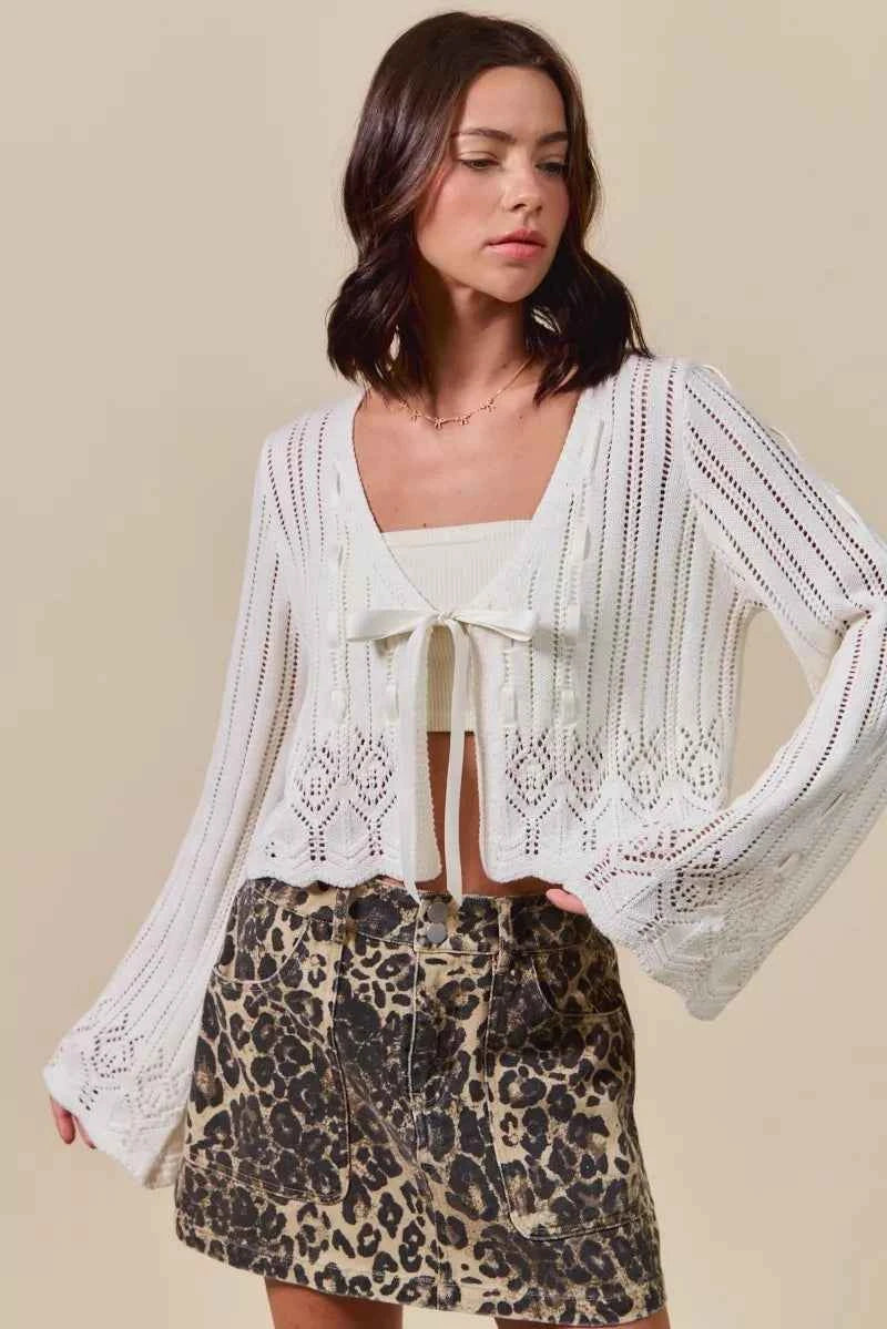 Off White Textured Sweater Open Front Ribbon Tie Cardigan by So Me
