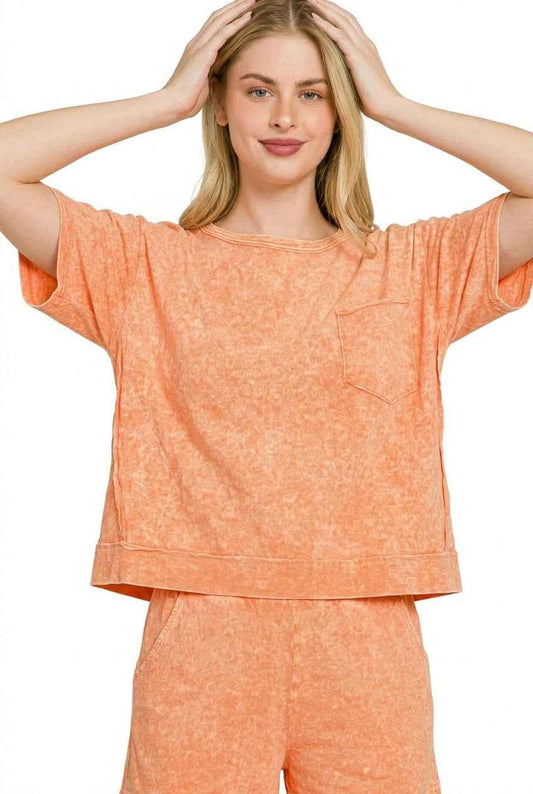 Orange Halo Snow Washed Boxy Top & Shorts Set by Zenana