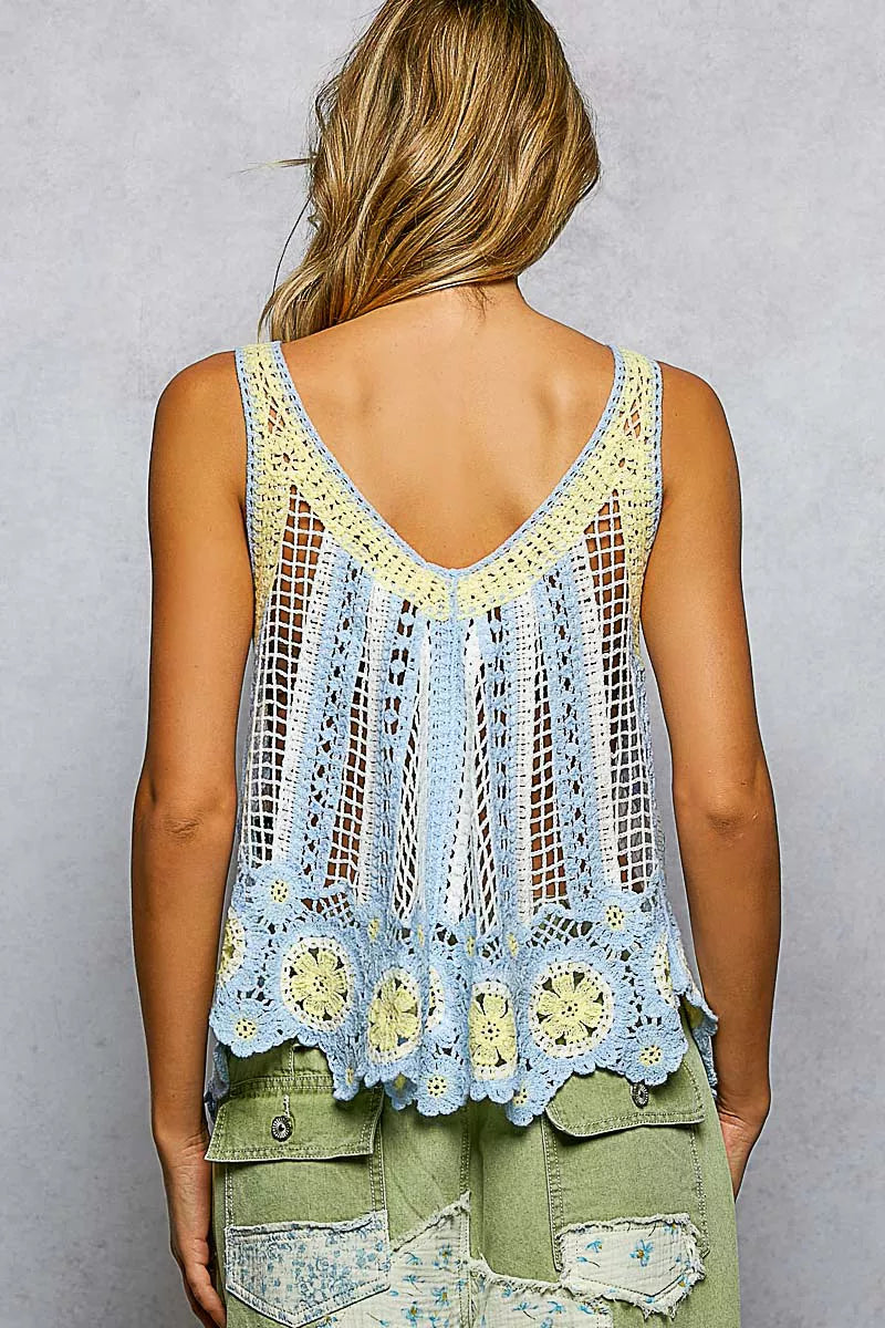 POL Blue Multi Openwork Stripe Pattern Flowy Tank with Scalloped Edge Back