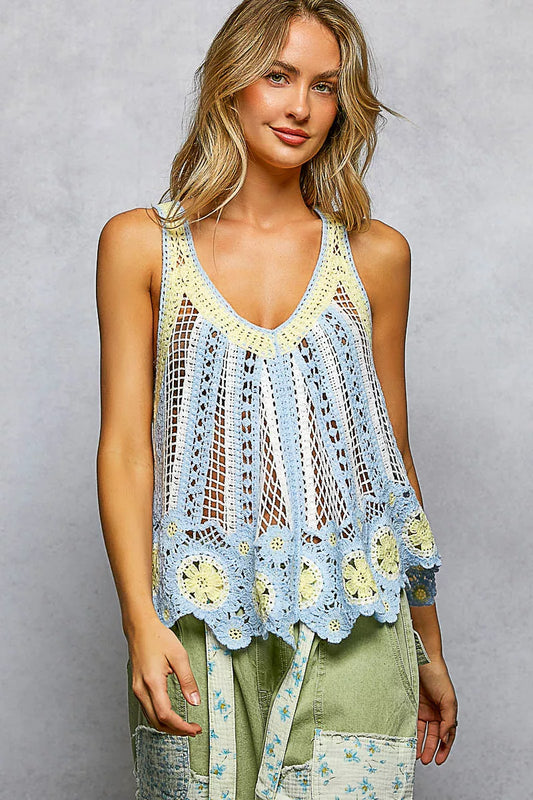 POL Blue Multi Openwork Stripe Pattern Flowy Tank with Scalloped Edge Front