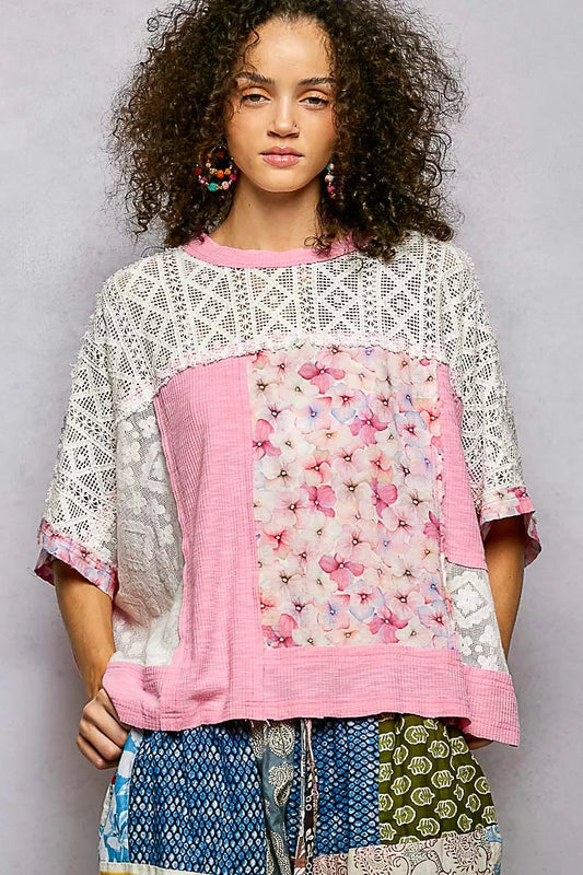 POL Candy Pink Floral Patchwork Lace Accent Blouse Front