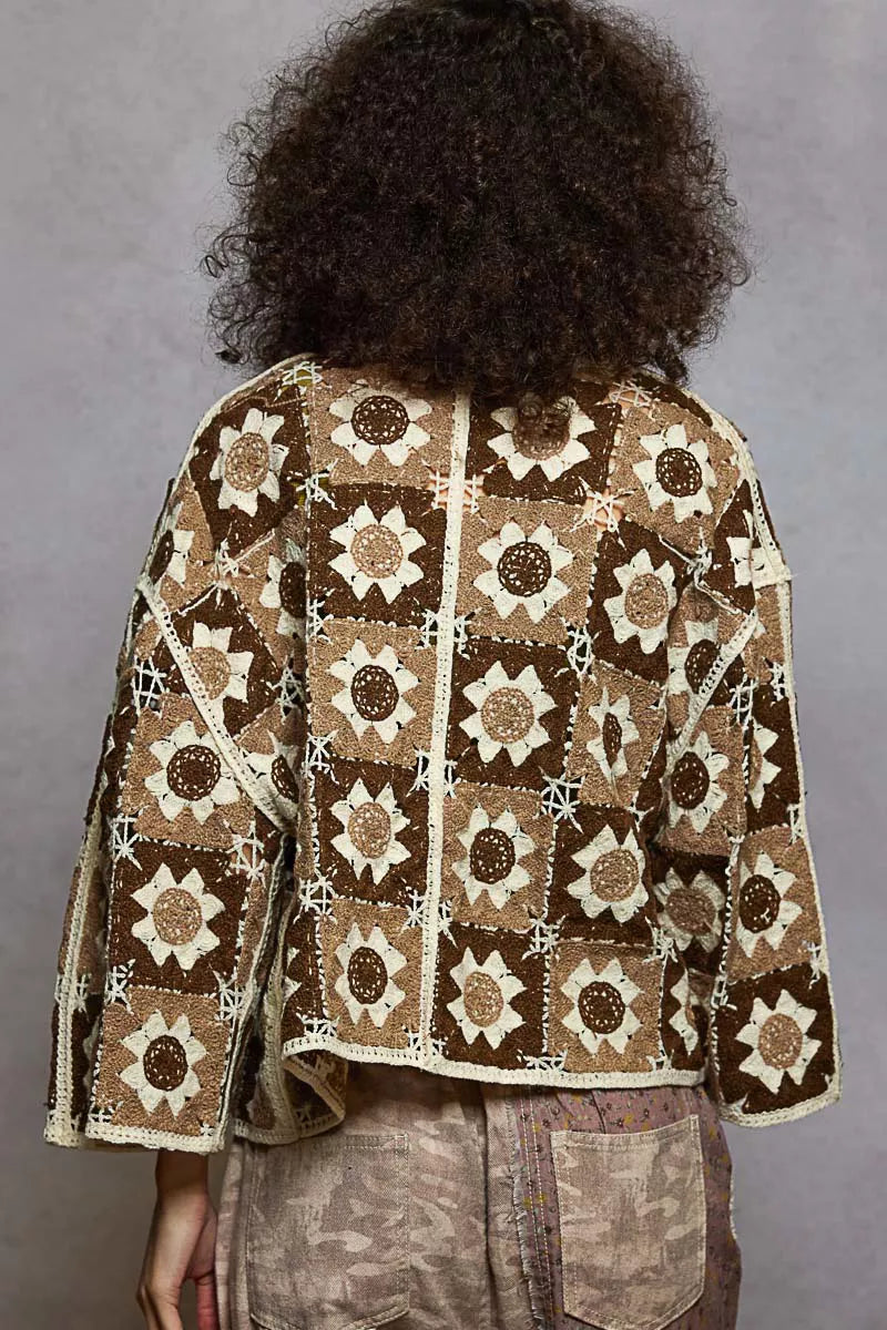 POL Choco Multi Open Front Cardigan with Varied Patterns Back