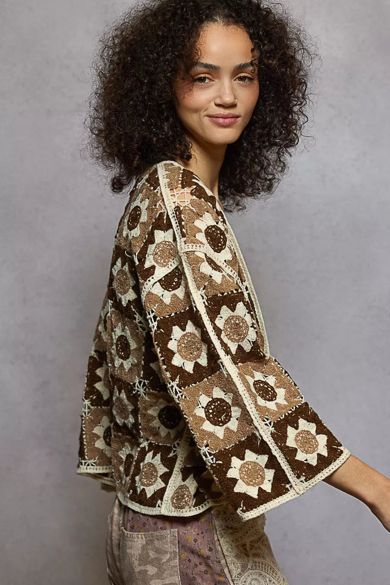 POL Choco Multi Open Front Cardigan with Varied Patterns Side