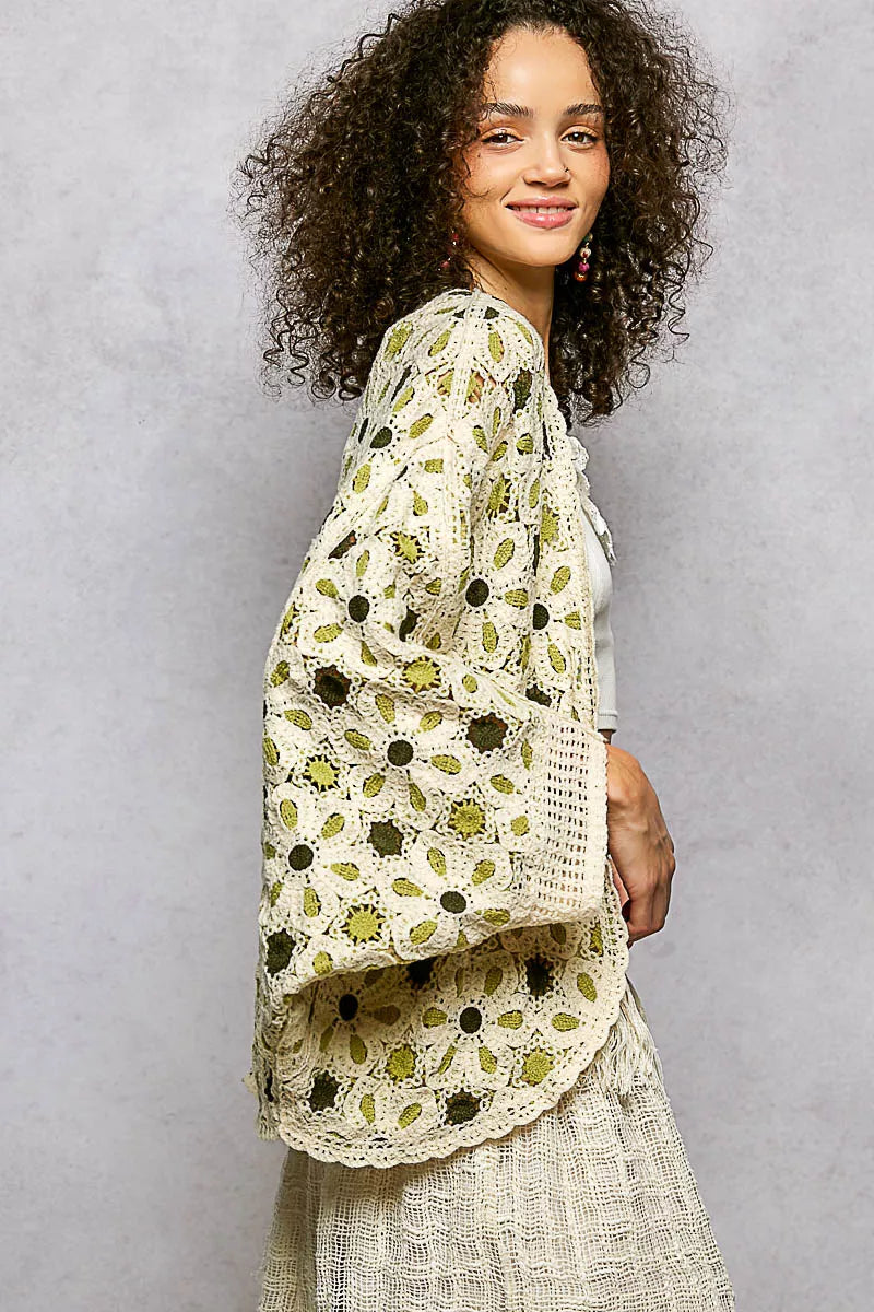 POL Green Multi Open Front Floral Pattern Crochet Cardigan Side