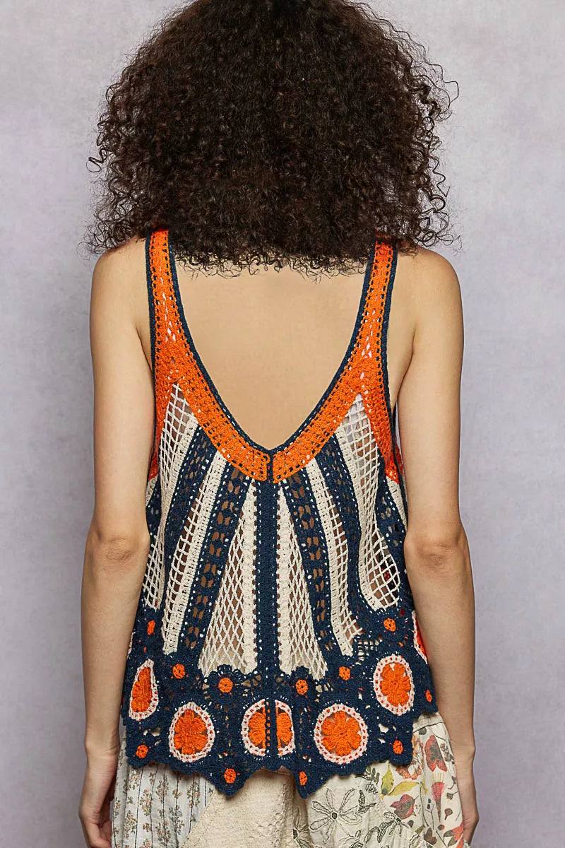 POL Indigo Multi Openwork Stripe Pattern Flowy Tank with Scalloped Edge Back