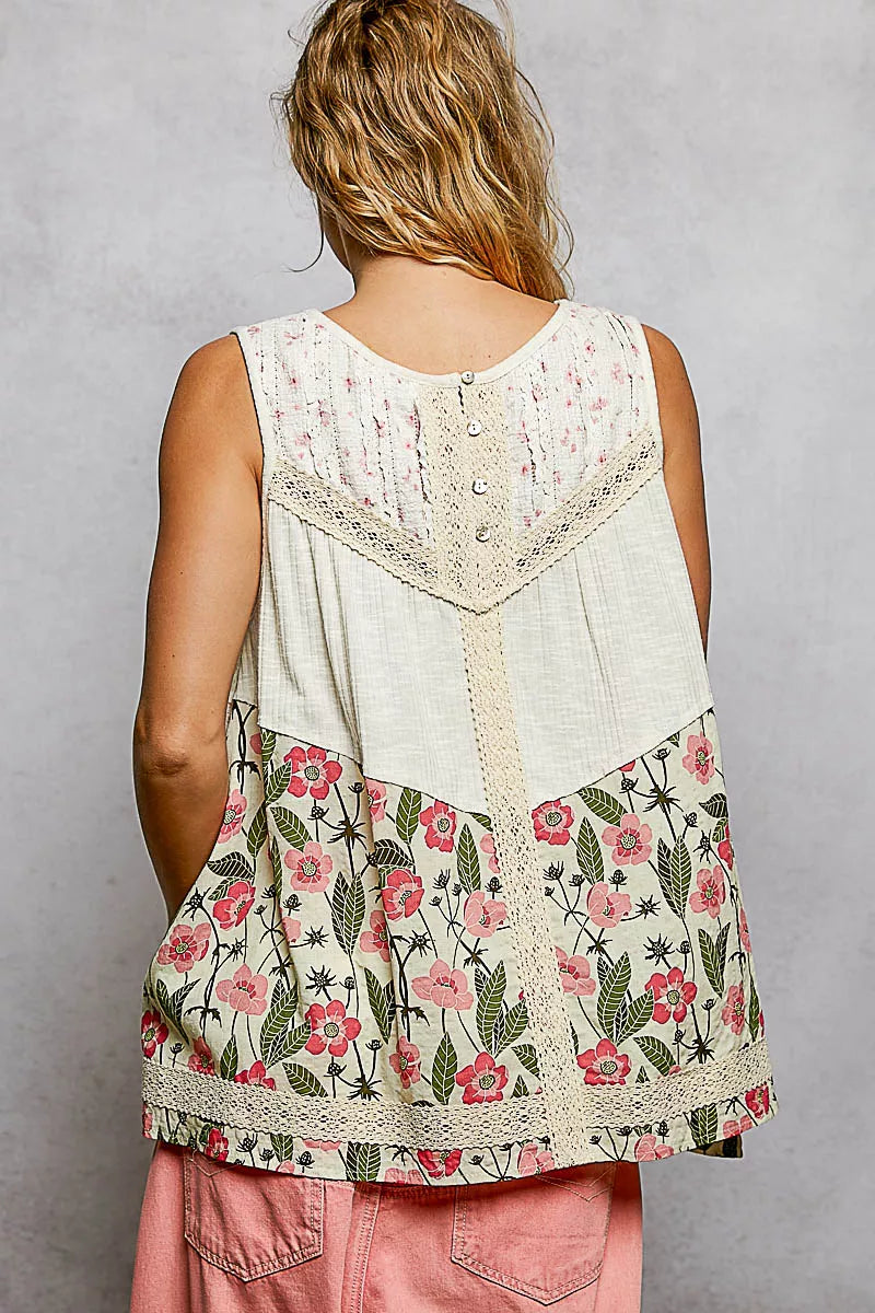POL Lace Detail Floral V-Neck Tank Top ~ Natural Back