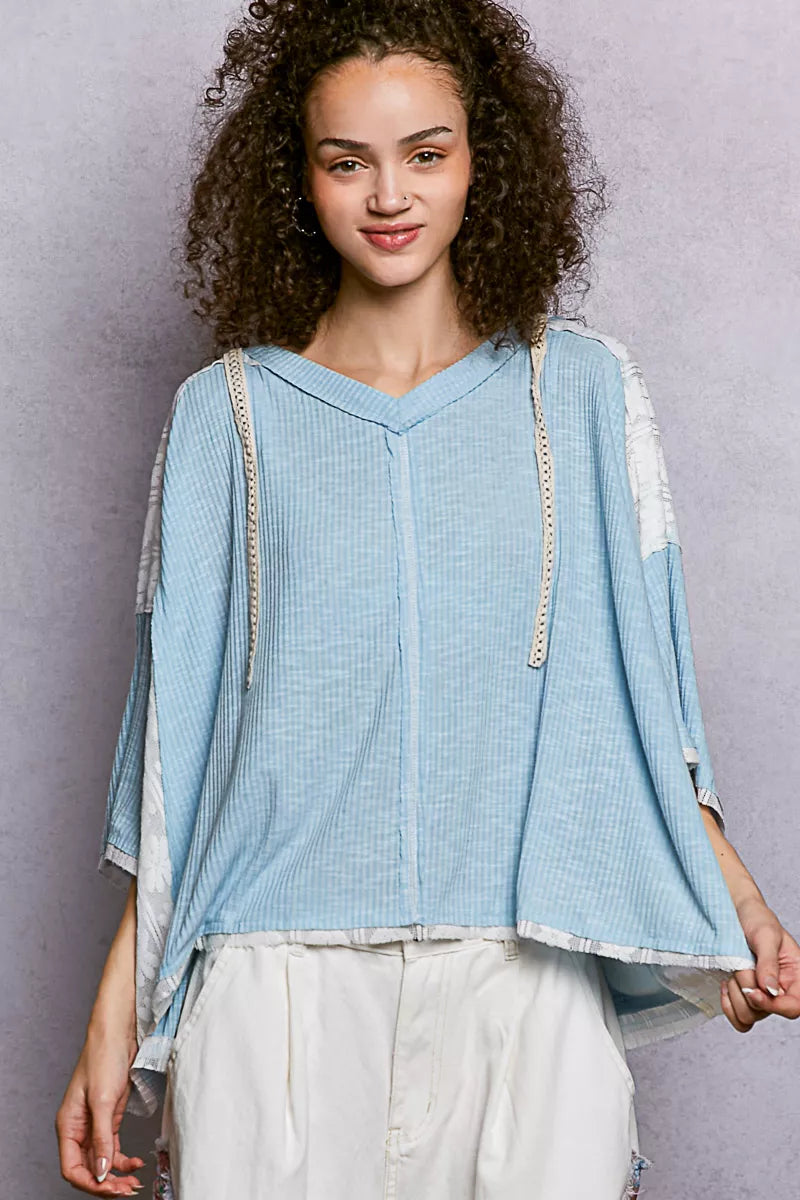 POL Light Blue Short Sleeve Hoodie Top with Lace Detail Front