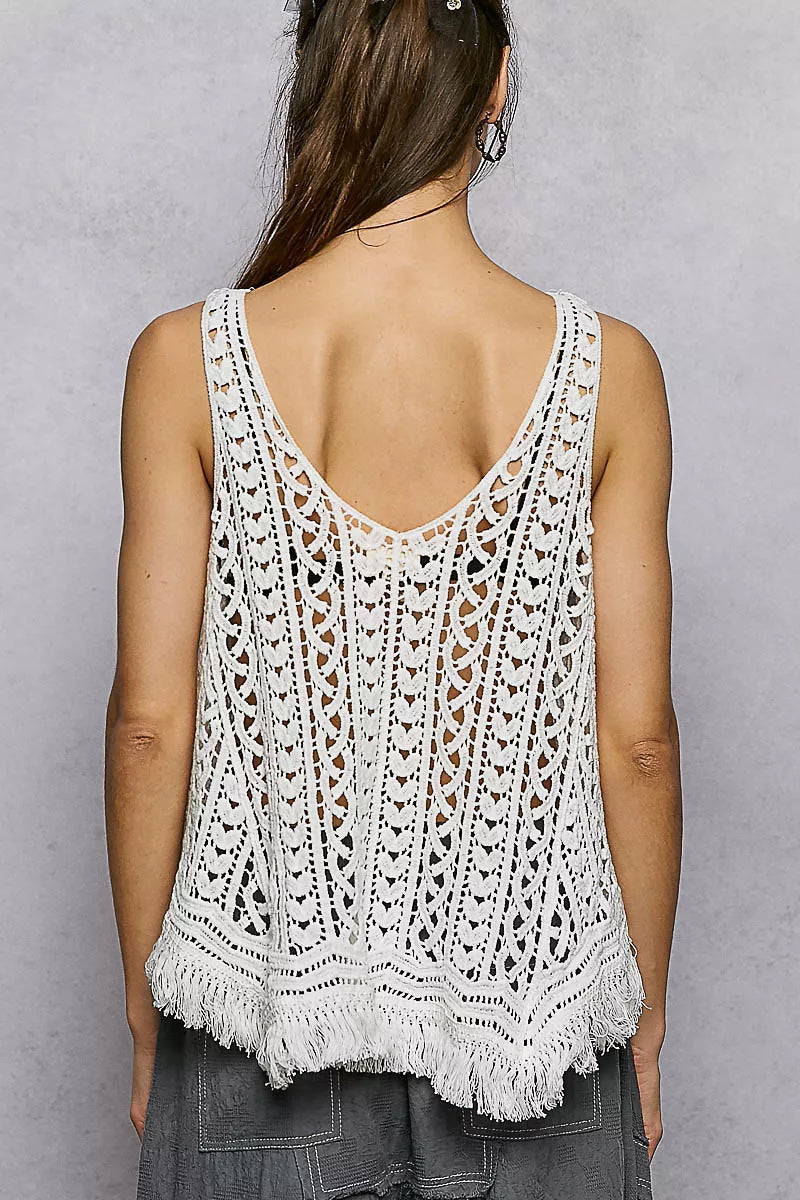POL Off White Crochet Fringe Hem Tank Top Back