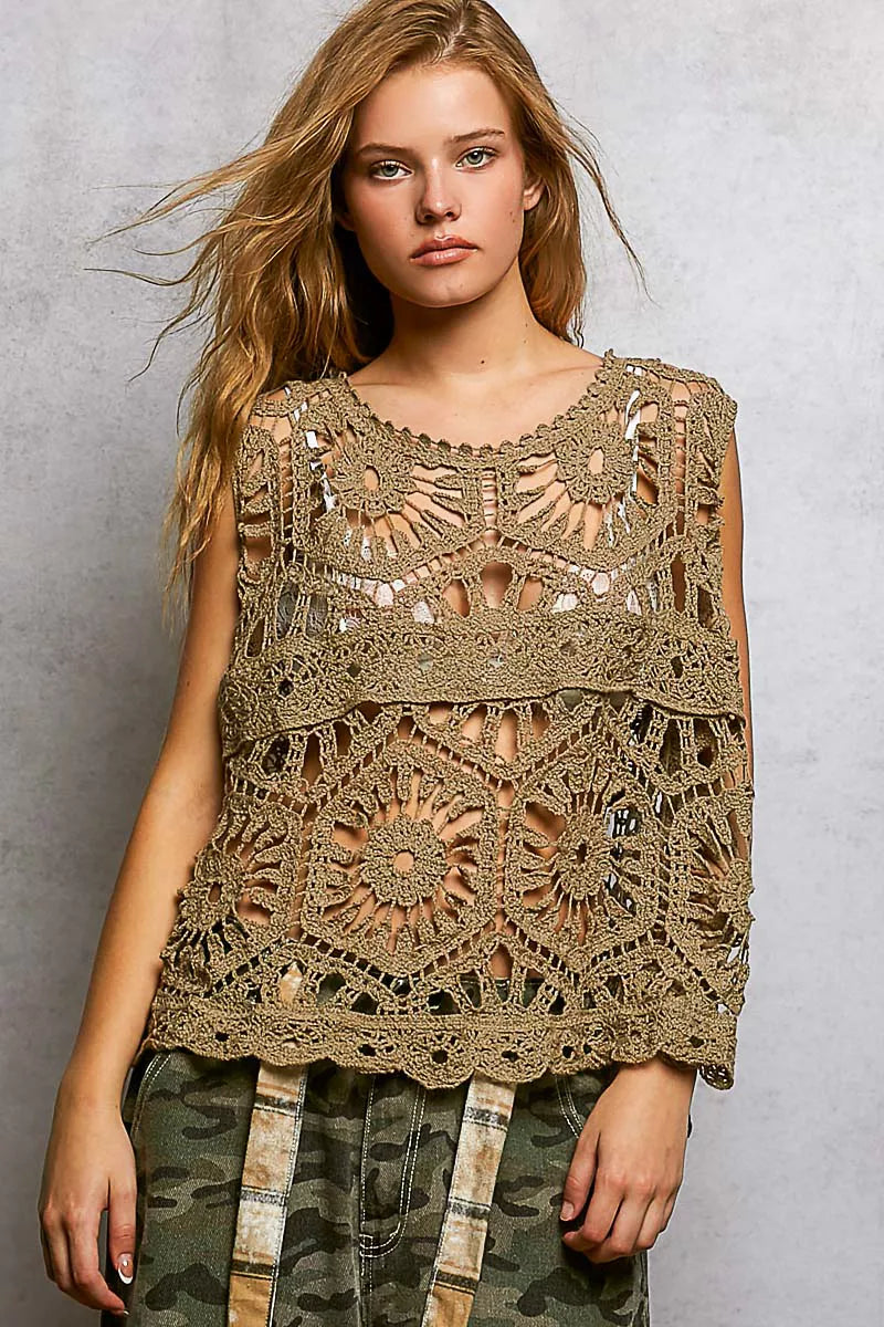 POL Olive Openwork Round Neck Floral Crochet Tank Front