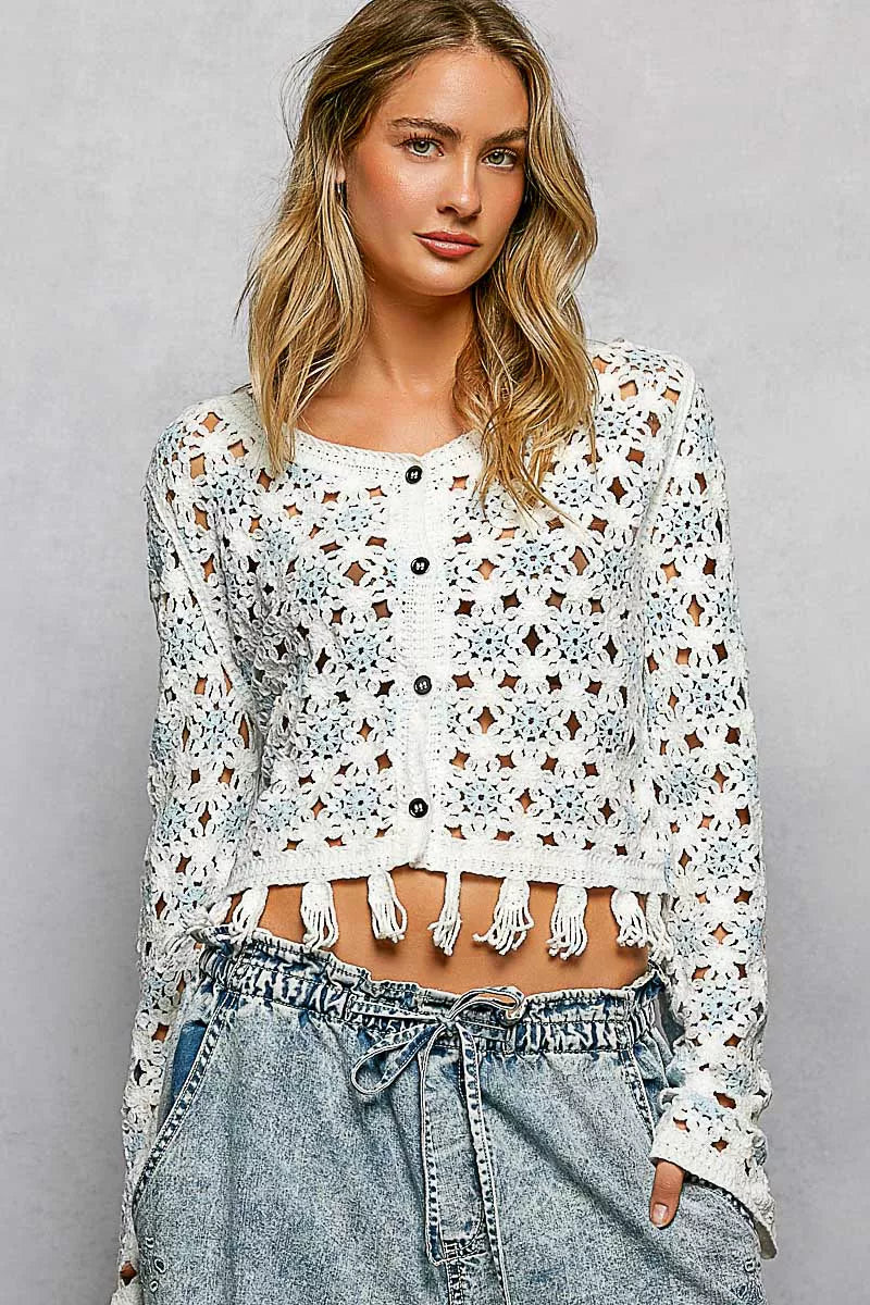 POL Openwork Floral Crochet Cardigan with Tassel Hem Off White/Blue Front View