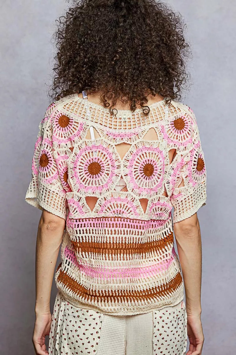 POL Pink Multi Weave Pattern Short Sleeve Crochet Top with Border Accents Back