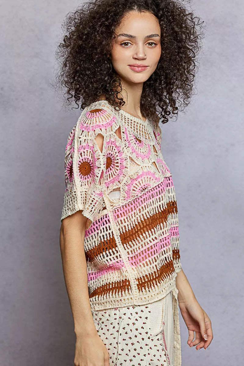 POL Pink Multi Weave Pattern Short Sleeve Crochet Top with Border Accents Side