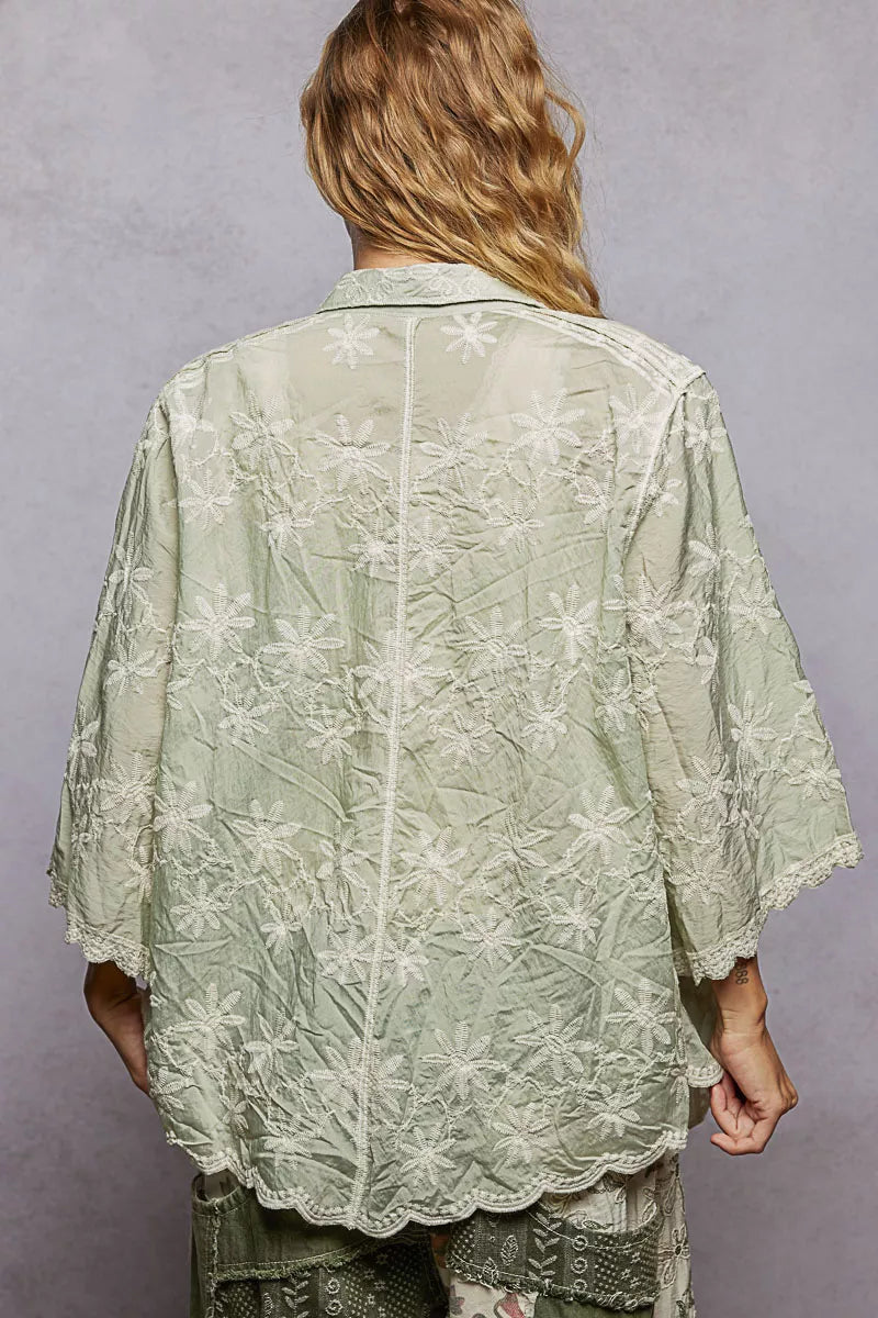 POL Sage Green Embroidered Floral Collared Neck Shirt with Scalloped Edges Back