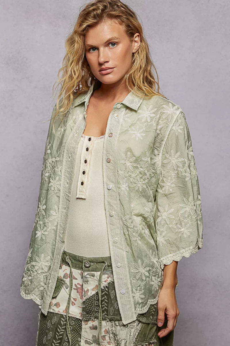 POL Sage Green Embroidered Floral Collared Neck Shirt with Scalloped Edges Front