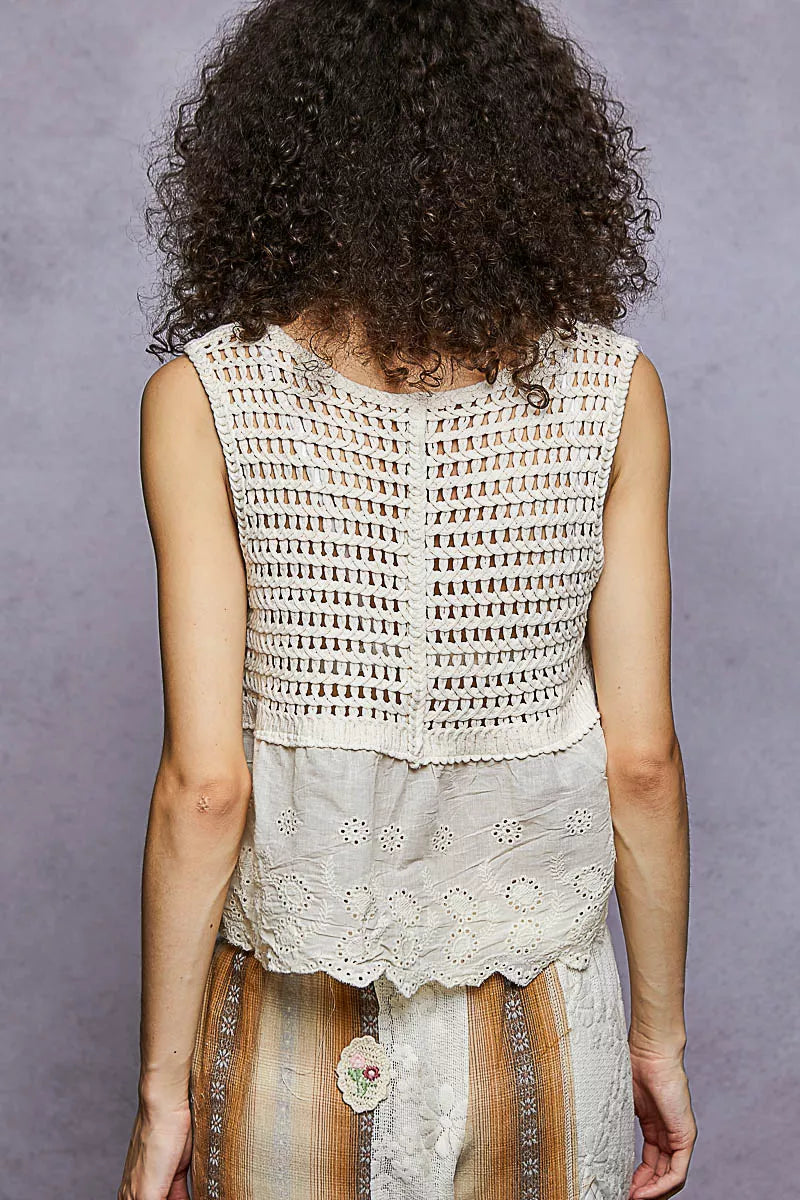 POL Sleeveless Flowy Fit Crochet Top with Scalloped Border Accents In Natural Back View
