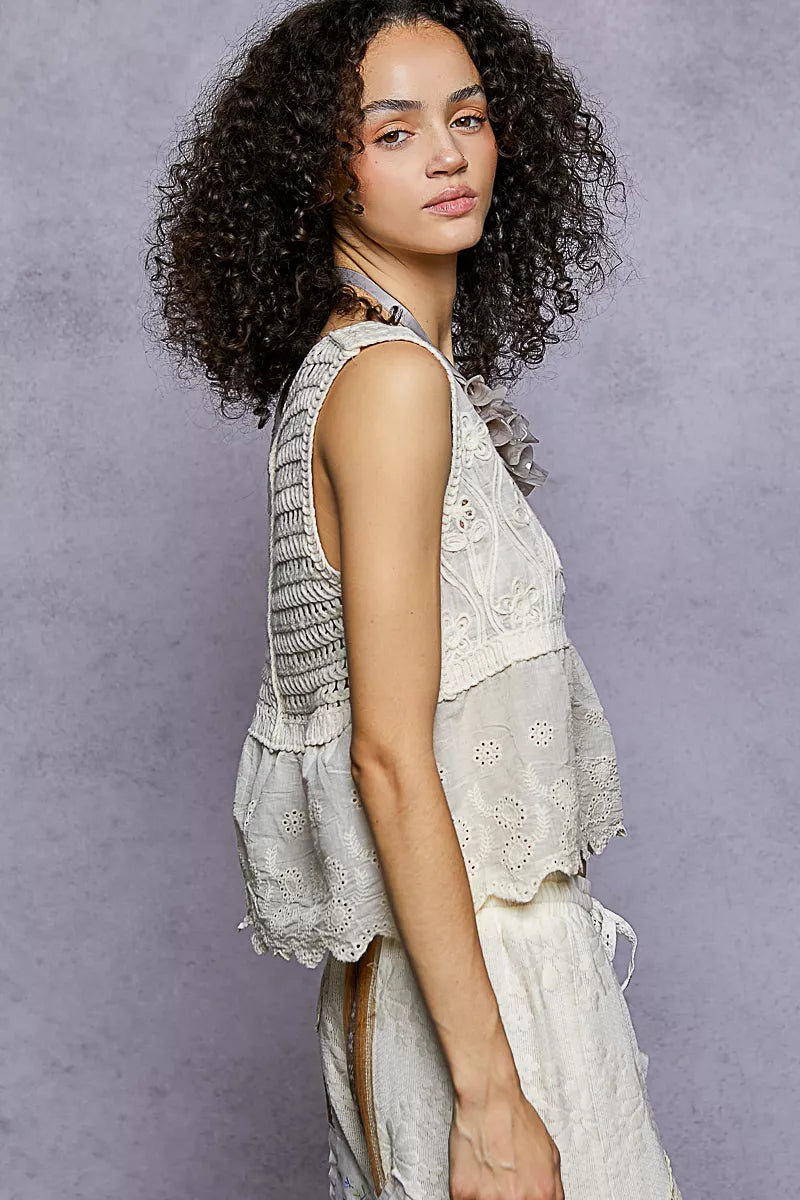 POL Sleeveless Flowy Fit Crochet Top with Scalloped Border Accents In Natural Side View