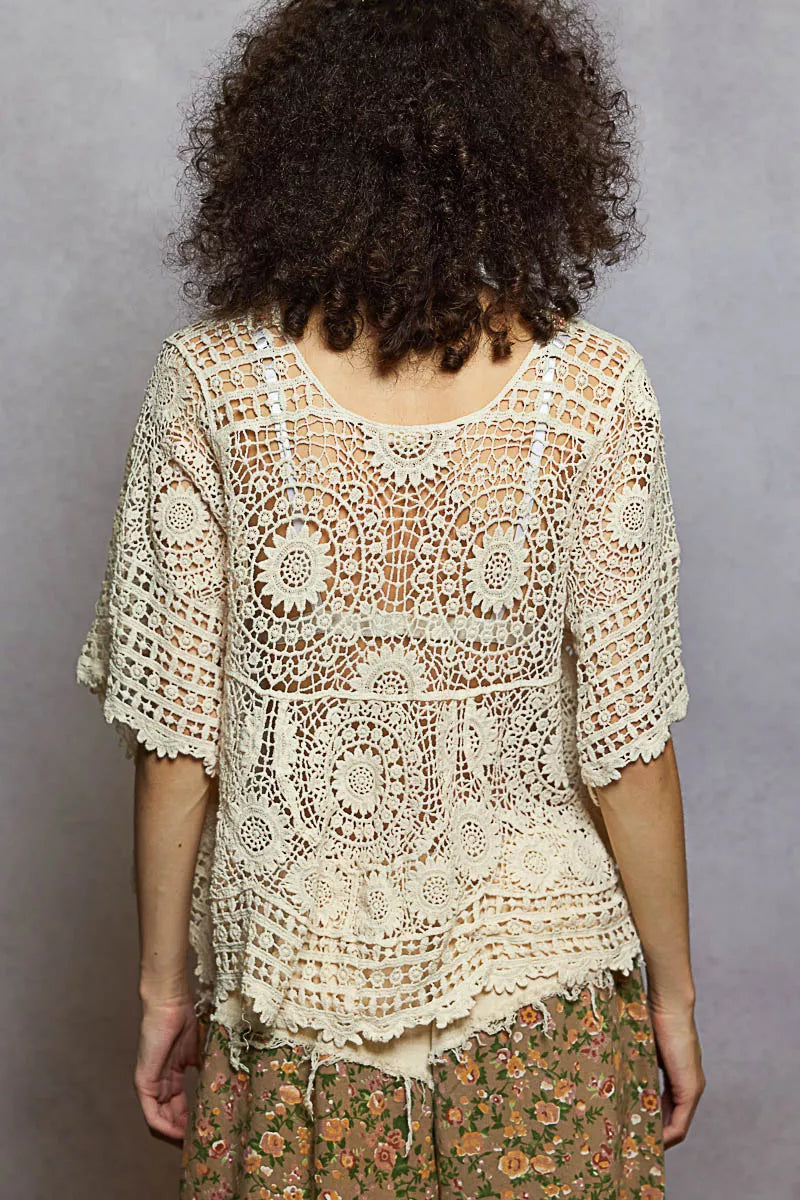 POL V-Neck Crochet Top with Scalloped Hem In Natural Back View